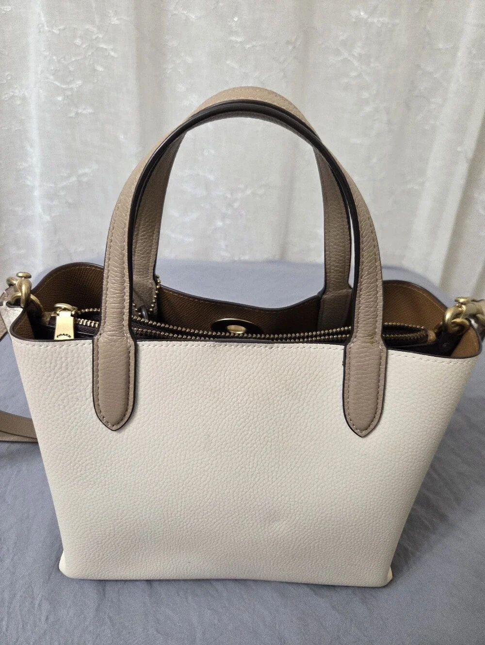 Coach Cream and Tan Leather Crossbody Tote with Gold Hardware And  Worn Twice